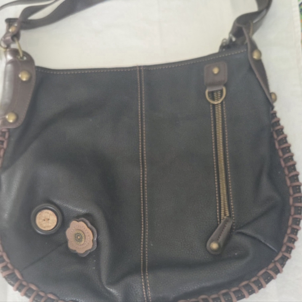Chala Black with Brown Sticthing Shoulder Bag